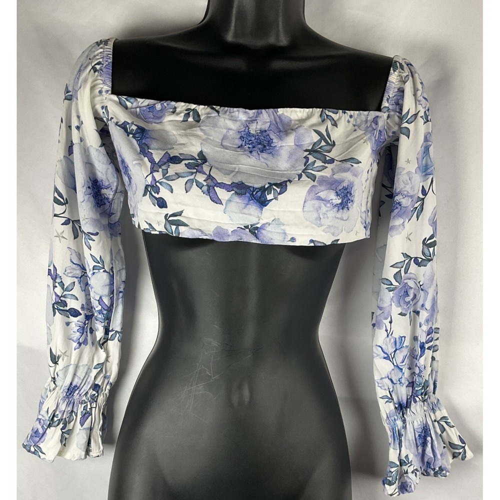 White Fox Women's Size S Off Shoulder White  Floral Bandeau‎ Zip Back LS  Crop
